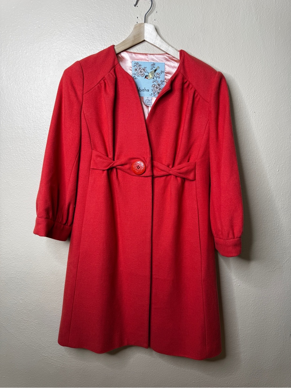 Anthropologie Tabitha Women’s Size 10 Red Bow Waist 3/4 Sleeve Coat Jacket